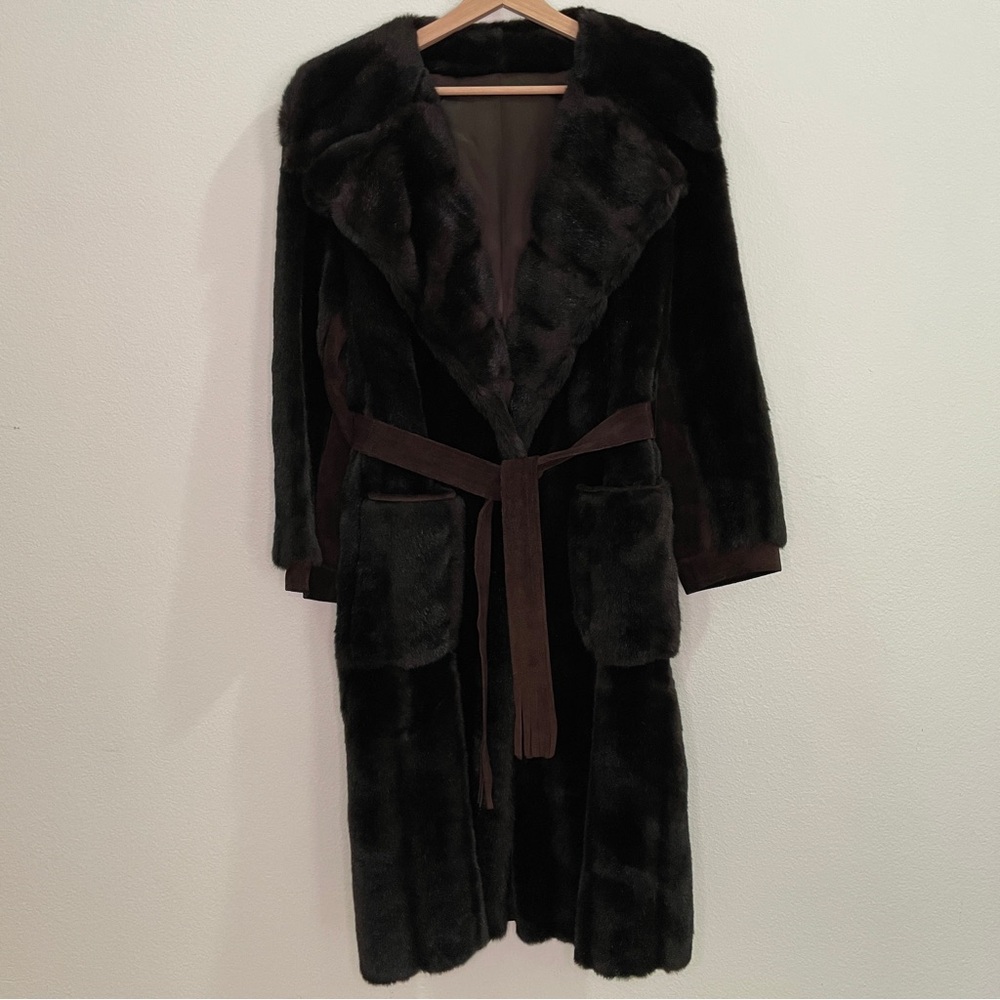 Vintage Style VI Dark Mink Faux Fur Coat with Brown  Suede Leather Fringe Belt
